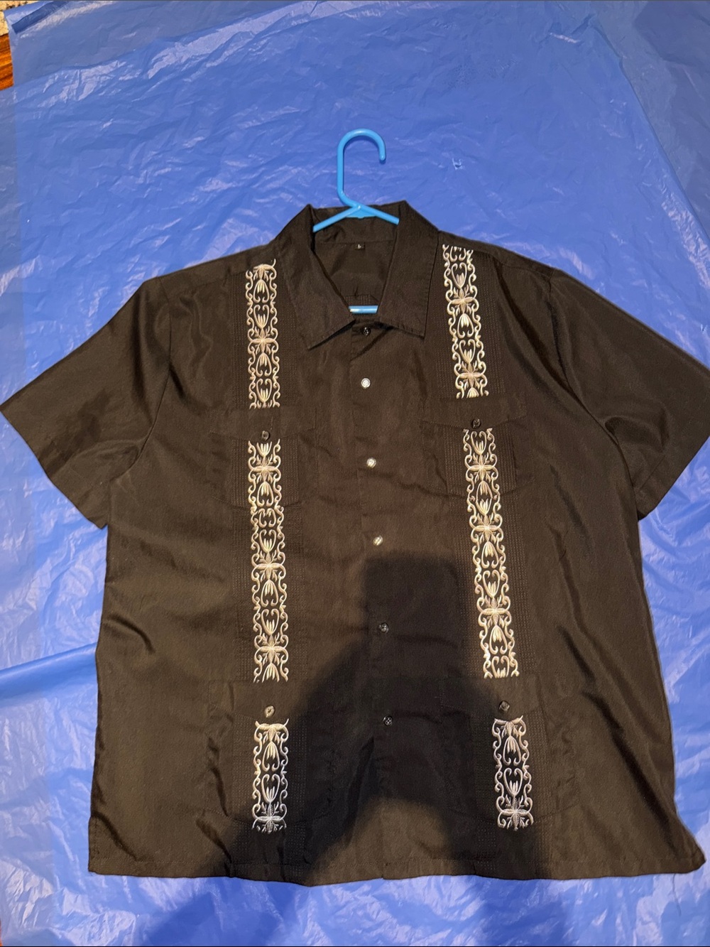 Men's Black Short-Sleeve Embroidered Button-Down Shirt